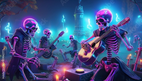 Skeletons play guitars in a vibrant, mystical graveyard, illuminated by glowing lights, creating a lively and festive atmosphere.