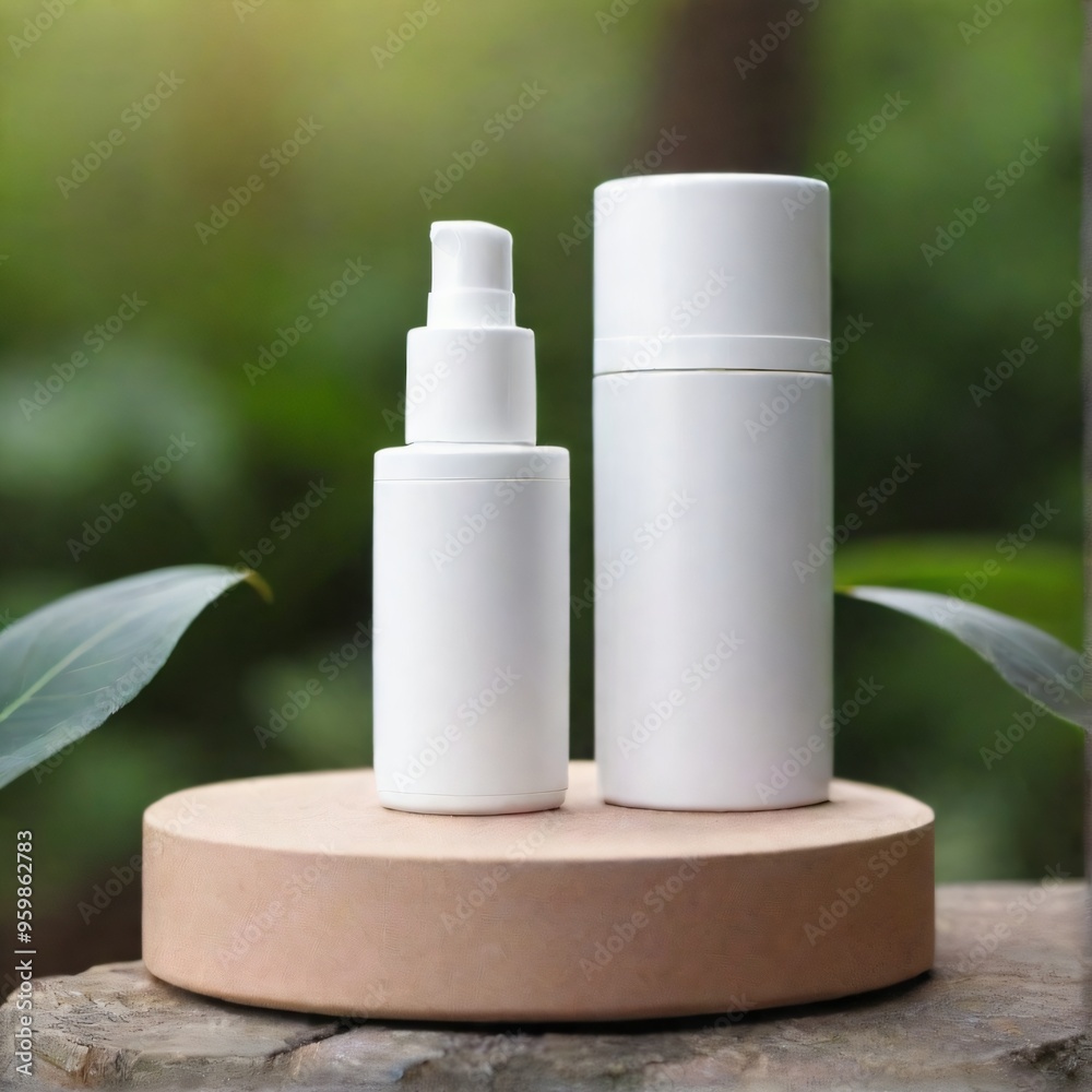 Minimalist White Cosmetic Bottle on Nature Background mockup Minimalist White Cosmetic Bottle on Nature Background mockup