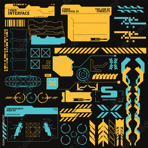cyberpunk y2k 2000s gaming futuristic icon pattern  set collection template hud for branding fashion t-shirt decoration decals, 2d illustration rendering vector 