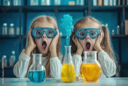 kids science testing in laboratory and surprise excite.