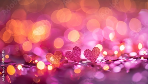 Sparkling Heart-Shaped Lights: Soft Pink Background Defocused Enchantment