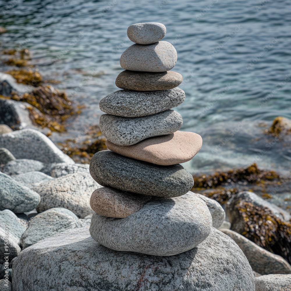 Stone stack on the beach, a symbol of balance and nature's artistry Stone stack on the beach, a symbol of balance and nature's artistry