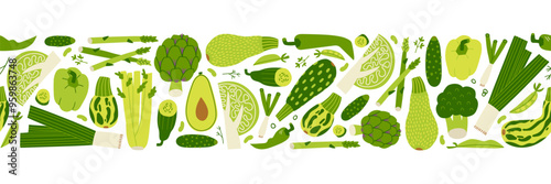 Green vegetable seamless horizontal border. Fresh organic veggie print for kitchen, menu, food package design with cabbage, zucchini, onion. Hand drawn flat vector illustration.