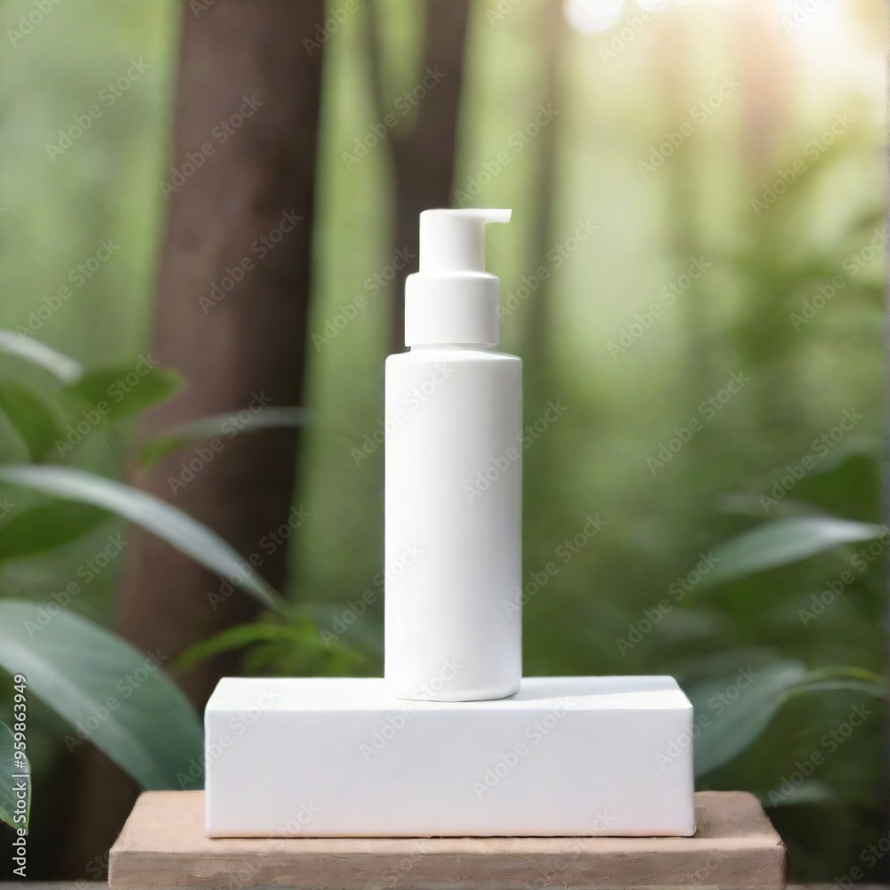 Minimalist White Cosmetic Bottle on Nature Background mockup Minimalist White Cosmetic Bottle on Nature Background mockup