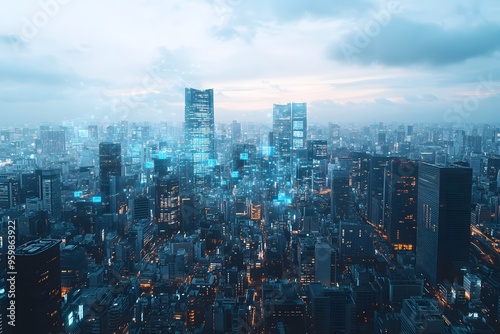 Wallpaper Mural Futuristic Cityscape with Digital Overlays Torontodigital.ca