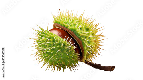 A single chestnut in a green husk, with thorny fragments flying isolated on white, clipping path photo