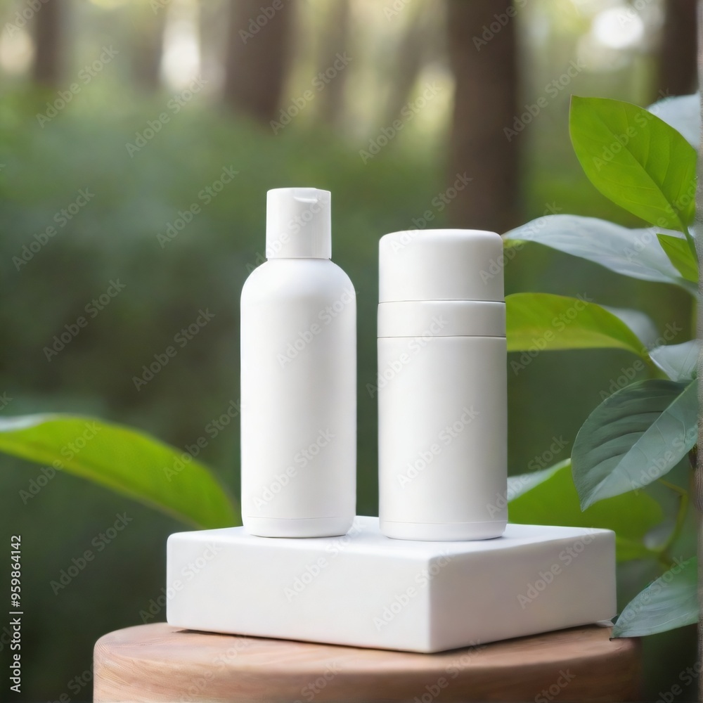 Minimalist White Cosmetic Bottle on Nature Background mockup Minimalist White Cosmetic Bottle on Nature Background mockup