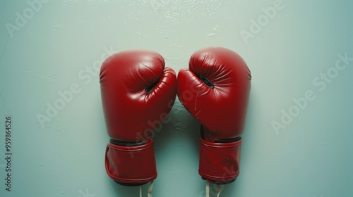 A pair of red boxing gloves hung up against a teal wall, embodying the spirit of determination and resilience in the art of boxing.