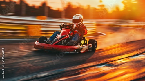 A go-kart racer speeds around a track at sunset, capturing the thrilling rush of motorsport against a fiery orange sky.