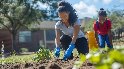 Teacher and students cleaning up the schoolyard together