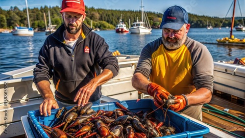  two lobster men sort the lobsters they spent