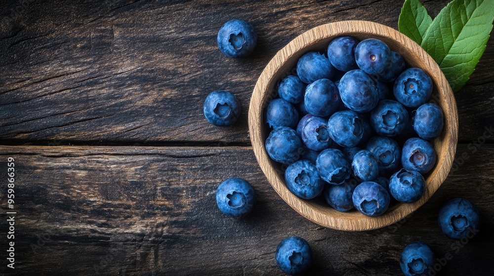 Fresh Blueberries in Wooden Bowl on Rustic Background Fresh Blueberries in Wooden Bowl on Rustic Background