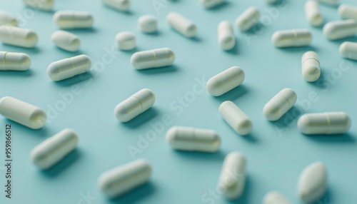 Close-Up Scattered Antibiotic Pills Light Blue Surface