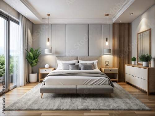 A minimalist haven, the modern bedroom showcases a crisp white bed and simple nightstand on a carpeted floor,