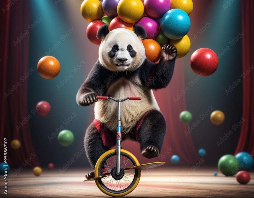 Fototapeta premium panda riding a unicycle while juggling colorful balls
