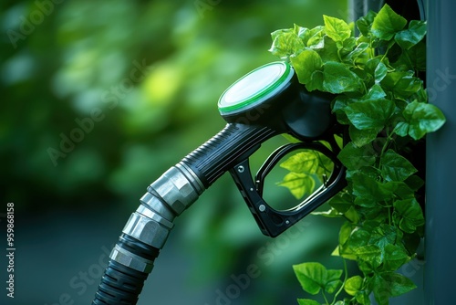 A simple, clean graphic of a fuel pump nozzle with green vines entwining around it, symbolizing eco-friendly fuel photo