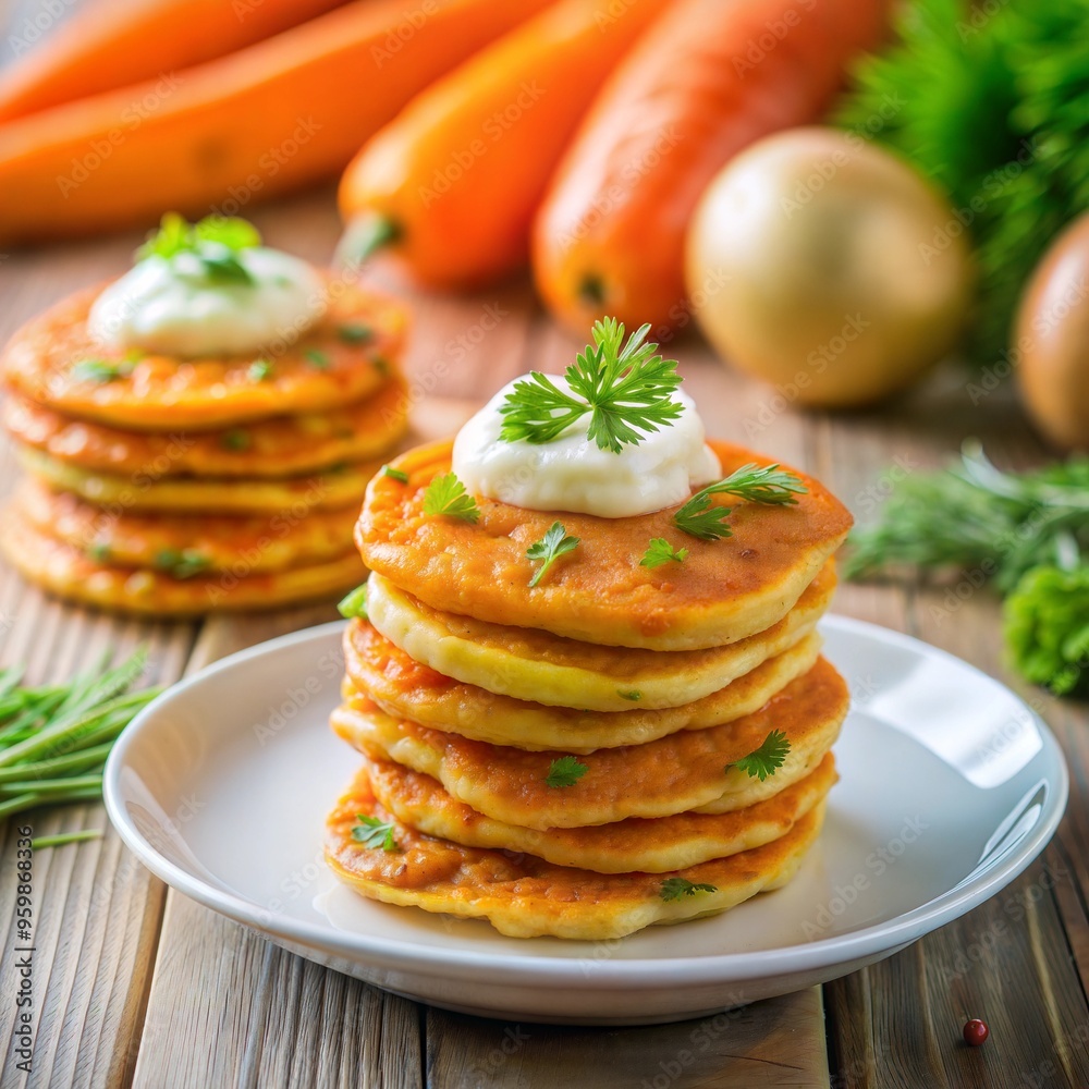 Delicious carrot pancakes stacked with sour cream and herbs on wooden table Delicious carrot pancakes stacked with sour cream and herbs on wooden table