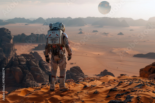 Astronaut surveys the stunning Martian terrain, standing on a rocky outcrop. Above, the Earth glimmers as a distant blue dot, reminding of home amidst the red expanse photo