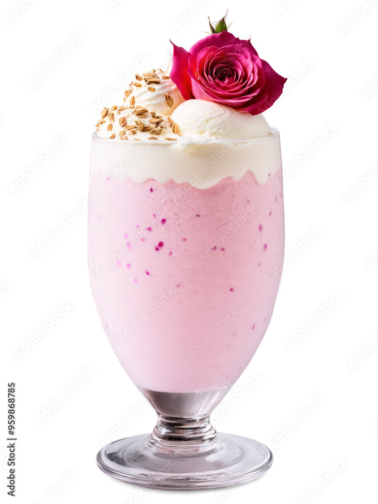 Indian Rose Lassi Float tall glass with rose syrup yogurt and soda topped with scoop