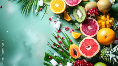 A vibrant assortment of tropical fruits including grapefruits, kiwis, oranges, and pomegranates is artistically arranged on a green background with scattered ice cubes, evoking a refreshing and exotic