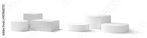 3D vector of various white podiums and platforms in different shapes and sizes, ideal for product displays and presentations. These minimal and clean designs are perfect for showcasing items photo