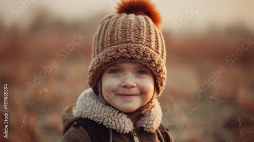 A child in a knit hat and warm winter clothes, smiling amidst a softly blurred nature background, embodying innocence and joyful simplicity.