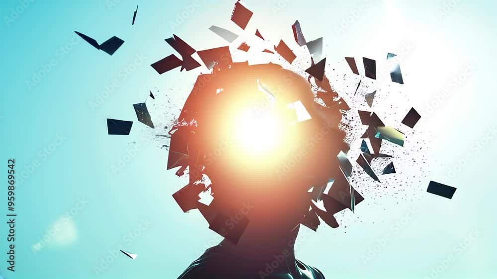 Abstract visualization of unlearning with shattered mind silhouette, conceptual art representing mental transformation and letting go of old ideas