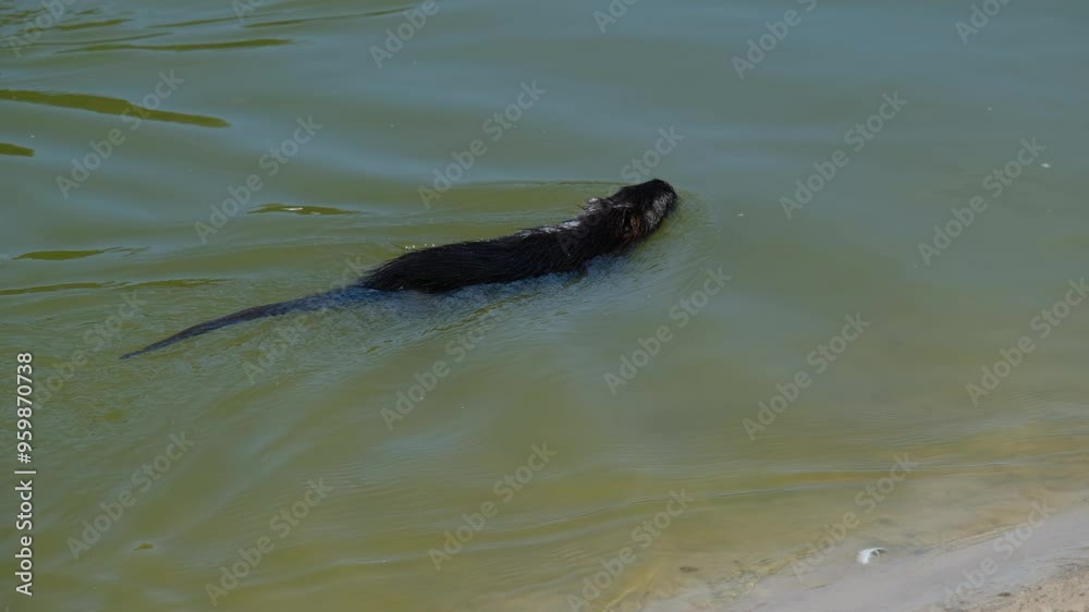 Muskrat in the wild. Black muskrat on the beach. Black muskrat on a sandy beach. Muskrat in the wild. Black muskrat on the beach. Black muskrat on a sandy beach.