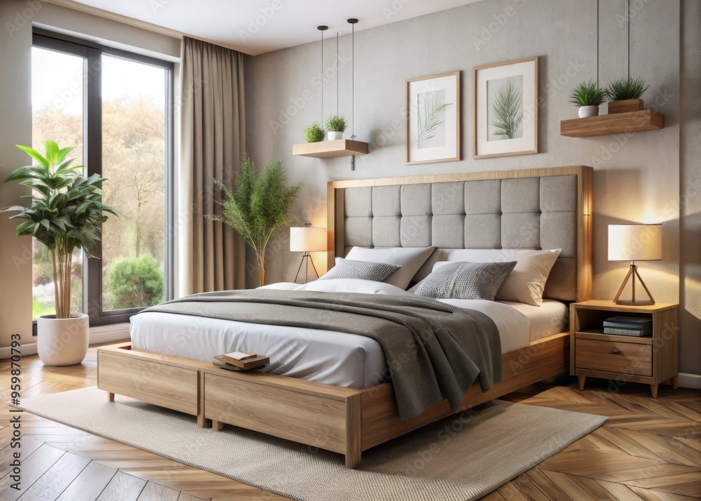 A modern minimalist bed with drawers and cushions rests comfortably in a snug bedroom, perfect for a quiet A modern minimalist bed with drawers and cushions rests comfortably in a snug bedroom, perfect for a quiet