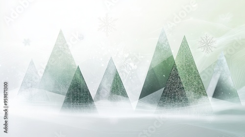 Abstract geometric shapes create Christmas trees in a winter forest, set against a frosty background with a serene atmosphere. Generative AI