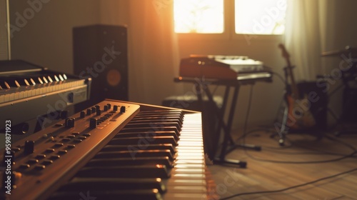 A cozy music room aglow with the golden hues of the setting sun, showcasing keyboard instruments and a serene atmosphere perfect for creating melodies.