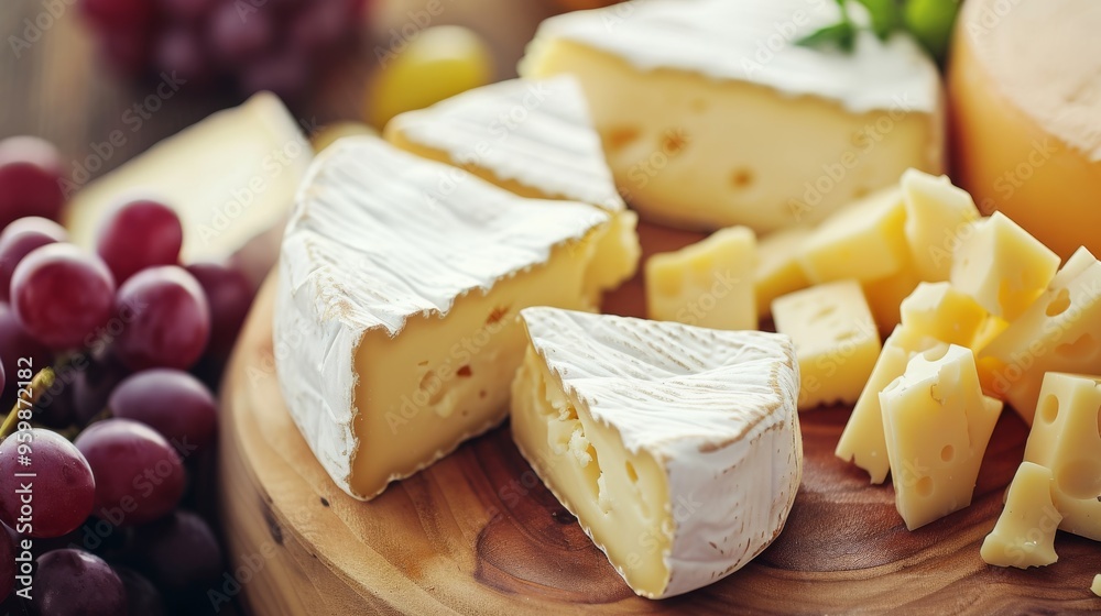 Close-up of soft cheeses including brie and Swiss, surrounded by chunks of cheese and fresh grapes on a wooden board. Ideal for culinary presentations and food-related projects. Close-up of soft cheeses including brie and Swiss, surrounded by chunks of cheese and fresh grapes on a wooden board. Ideal for culinary presentations and food-related projects.