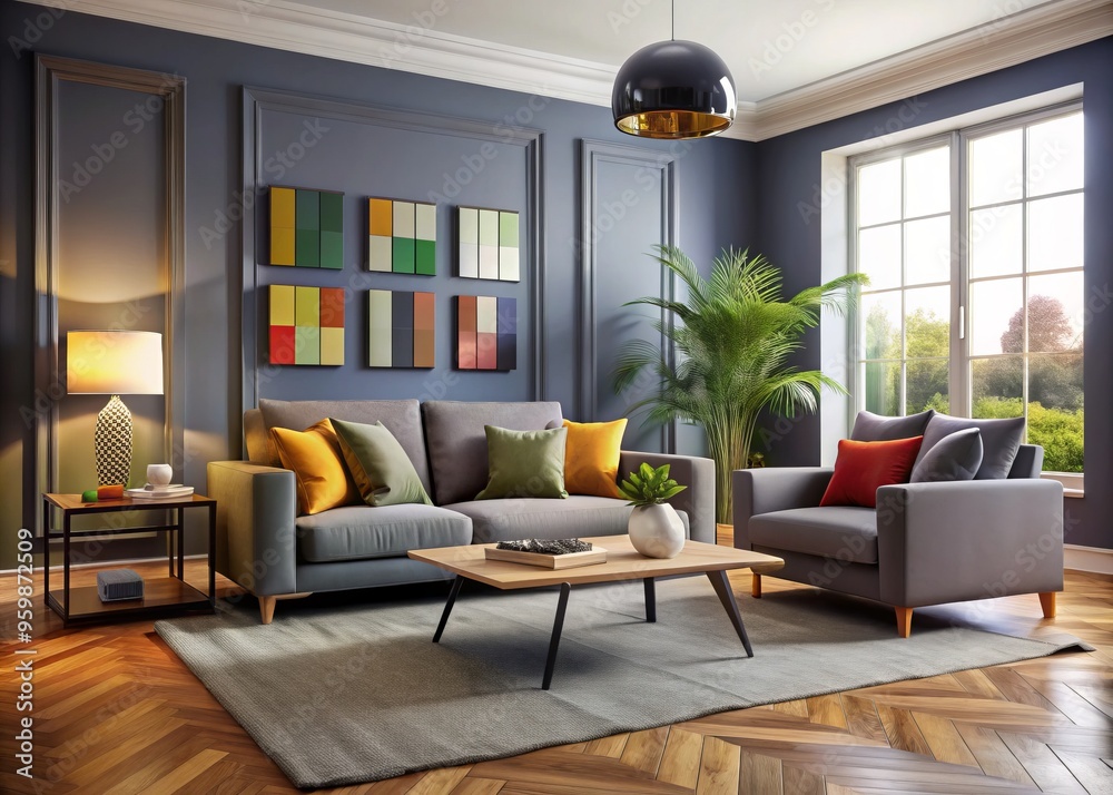 Fototapeta premium A plush grey furniture ensemble provides a comfortable backdrop for a room that bursts with creativity, as vibrant