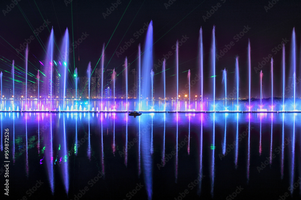 View of colorful illuminated fountain with vibrant lights and reflections, Dubai, United Arab Emirates. View of colorful illuminated fountain with vibrant lights and reflections, Dubai, United Arab Emirates.