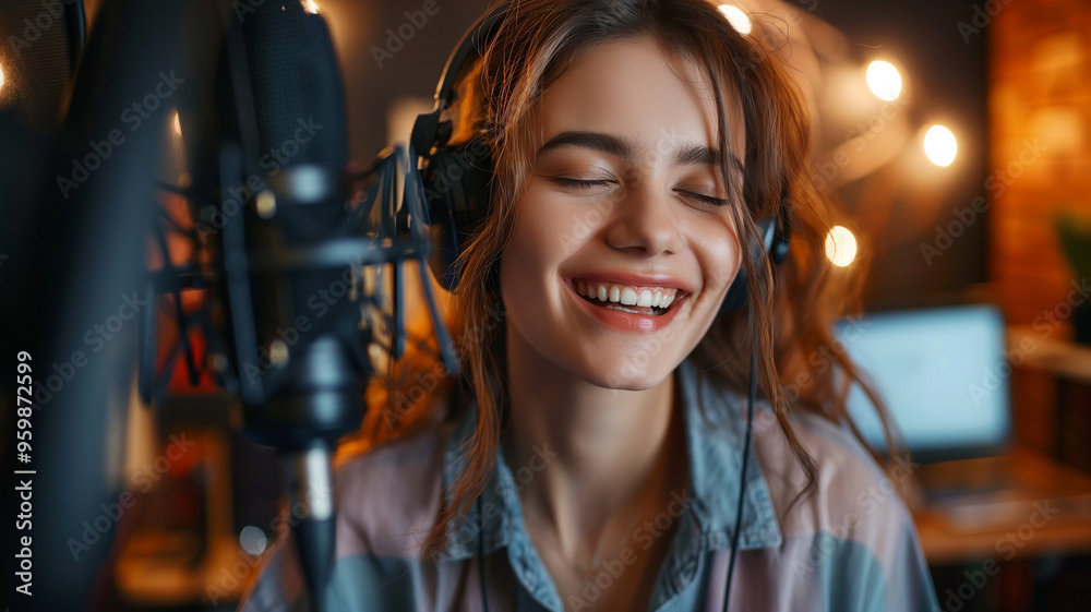 Happy young podcaster girl recording a podcast in the room Happy young podcaster girl recording a podcast in the room