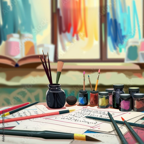 realistic calligraphy workshop, colorful and inspiring environment photo