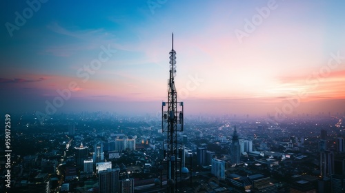 A communication tower pierces the vibrant hues of dawn, standing as a technological sentinel over an awakening cityscape.