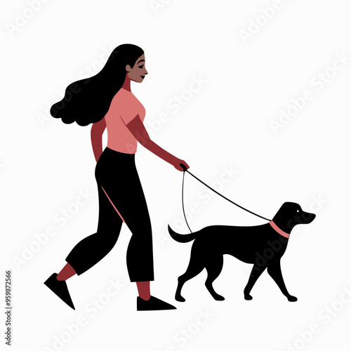 Stylish woman happily walking dog on urban street