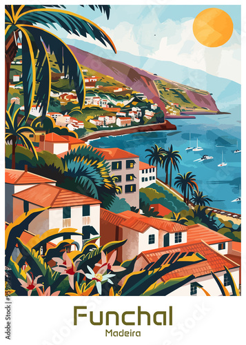 Funchal Madeira Poster Illustration Travel Print Decor Gift Paper Canvas Wall Retro Art #959872779