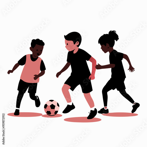 Children energetically playing soccer on sunny field