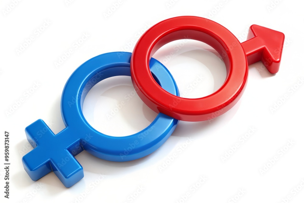 Male and female gender symbols, red and blue interlocked, isolated on white background Male and female gender symbols, red and blue interlocked, isolated on white background