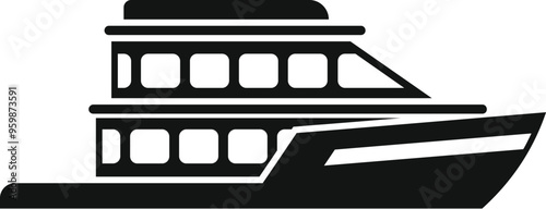 Simple black and white vector representing a large double decker ferry boat sailing on the sea, a nautical travel and tourism concept