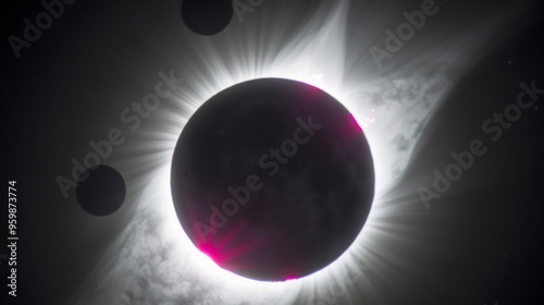 Dramatic solar eclipse during totality where the suns corona shines brightly casting a dark umbra across the Earth