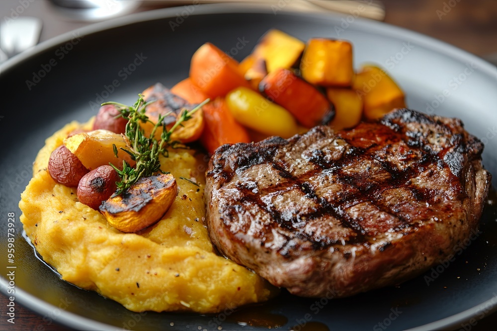 A hearty plate of grilled steak or chicken served with a side of pumpkin mash and roasted vegetables. A hearty plate of grilled steak or chicken served with a side of pumpkin mash and roasted vegetables.