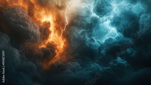 A dynamic scene of stormy weather with a dark sky, swirling clouds and lightning lighting up the horizon, creating a dramatic and intense background. photo