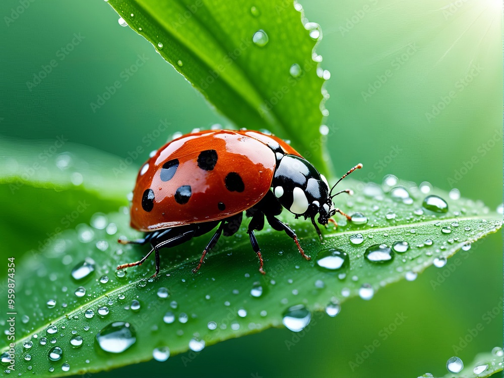 A ladybug with black spots on its red shell sits on a green leaf covered in dewdrops. A ladybug with black spots on its red shell sits on a green leaf covered in dewdrops.