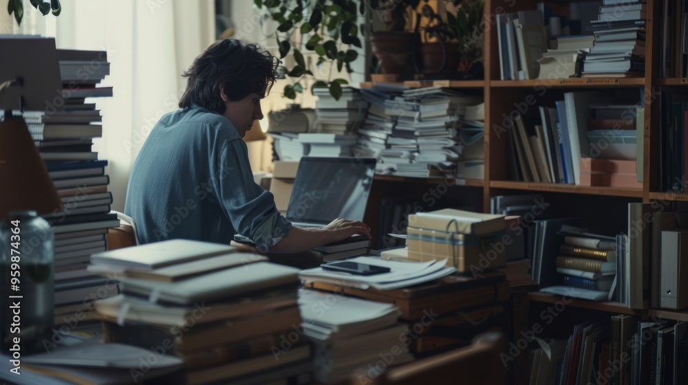 An individual working on a laptop in a cozy, book-filled room, surrounded by packed shelves and natural light filtering through the window. An individual working on a laptop in a cozy, book-filled room, surrounded by packed shelves and natural light filtering through the window.