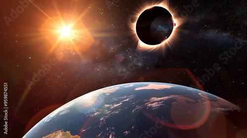 Dramatic solar eclipse during totality where the suns corona shines brightly casting a dark umbra across the Earth