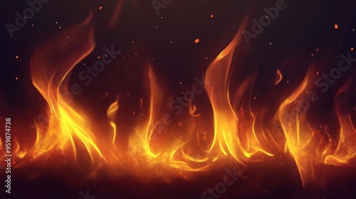 A mesmerizing close-up of fire flames with glowing sparks, capturing the intense heat and beauty of the fire. Ideal for backgrounds and design projects.