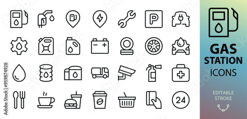 Gas station isolated icons set. Set of gas pump, fuel pistol, electric vehicle charging station, car parking, jerrycan, car service, gasoline truck, oil barrel vector icon with editable stroke photo